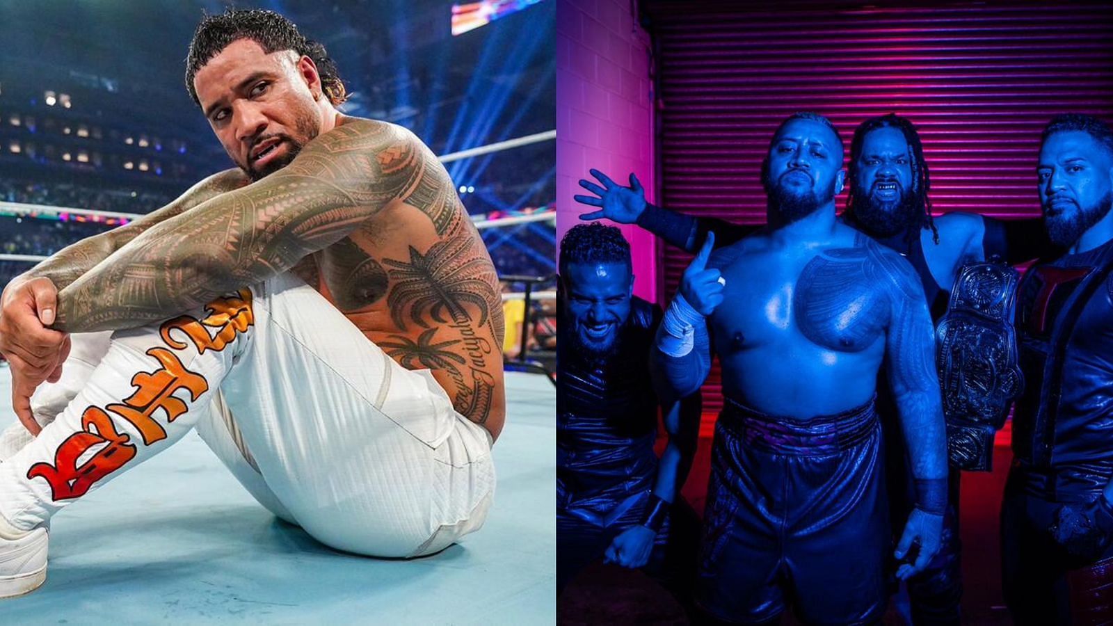 Jey Uso (L); The Bloodline (right) [Pics from WWE.com]