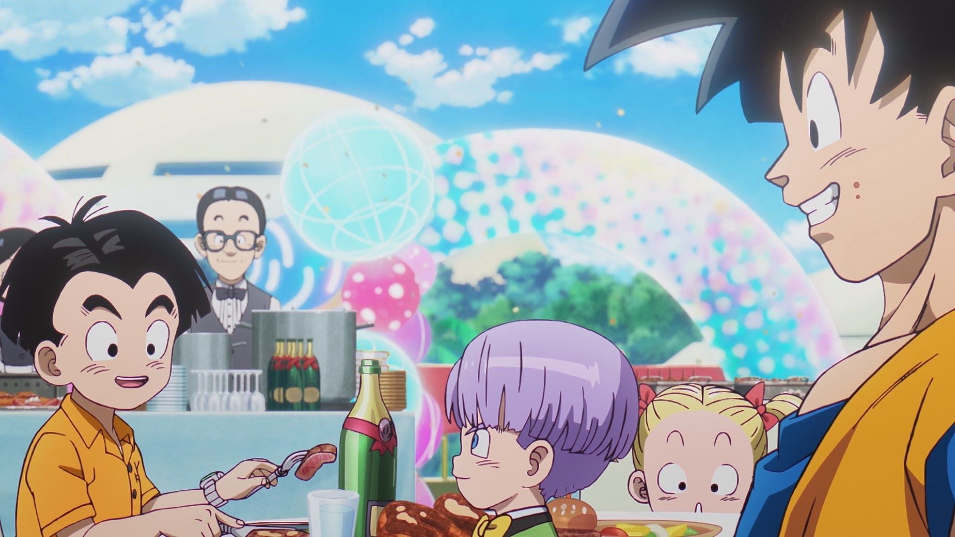 Goku and his friends at Trunks&#039; birthday party (Image via Toei Animation).