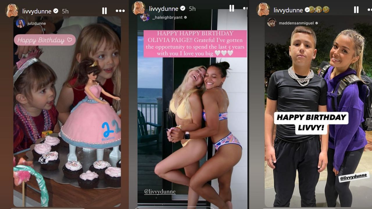 Screenshots of Olivia Dunne&#039;s Instagram stories showing wishes from sister Julz, teammate Haleigh Bryant, and  Baby Gronk (Images from - Instagram.com/@livvydunne IG Stories)