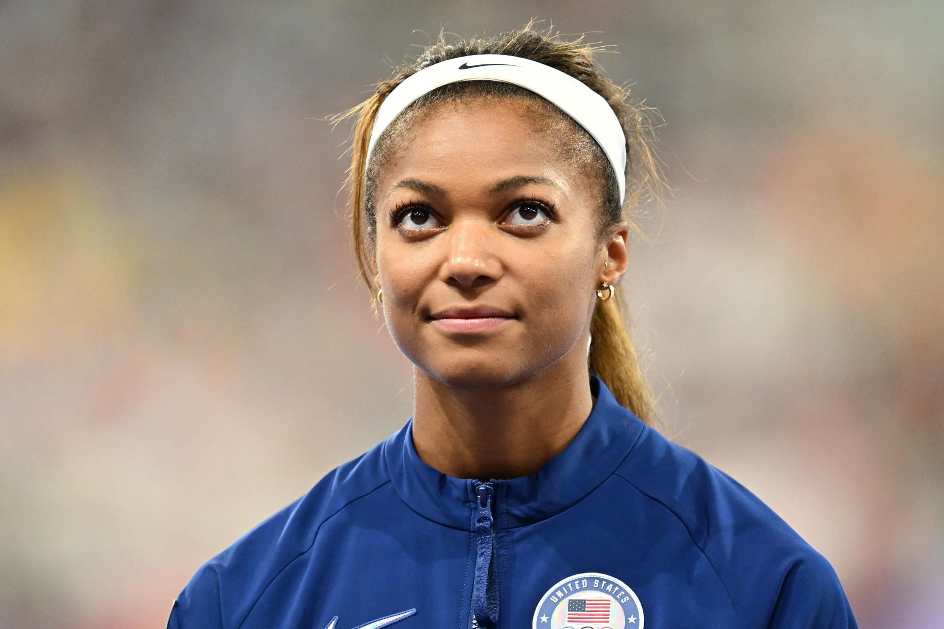 Gabby Thomas of Team United States celebrates winning the gold medal in the Women&#039;s 4x100m Relay Final at the Olympic Games 2024 at Stade de France in Paris, France. (Image Source: Getty)