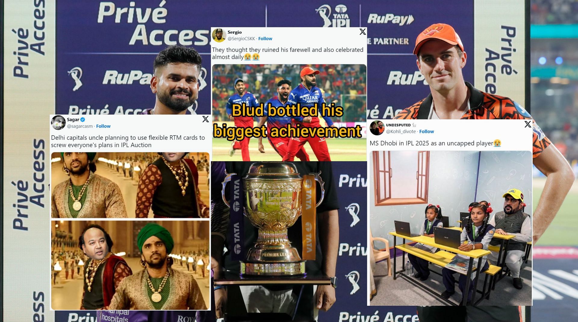 Fans share memes after the announcement of IPL player retention regulations. (Image: X - @IPL, @sagarcasm, @Kohli_divote, @SergioCSKK )