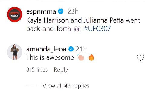 Amanda Nunes gives her reaction on the Kayla Harrison vs. Julianna Pena feud. [Images courtesy: @espnmma/Instagram]