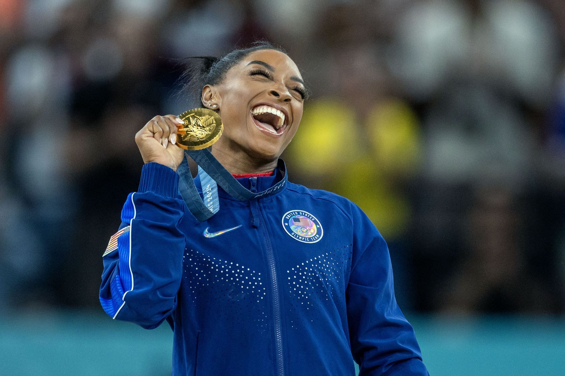 Simone Biles with her gold medal during the Summer Olympic Games in Paris, France. (Photo via Getty Images)