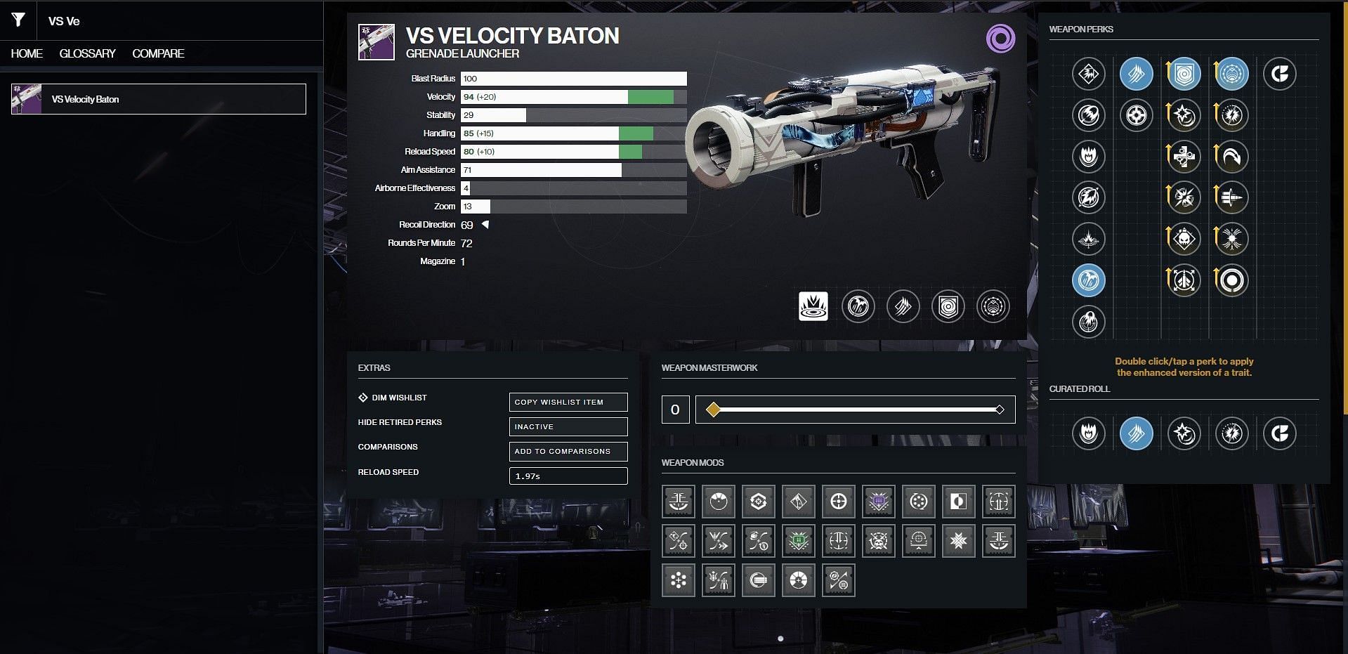 VS Velocity Baton PvE god roll (Image via Bungie/D2 Gunsmith)