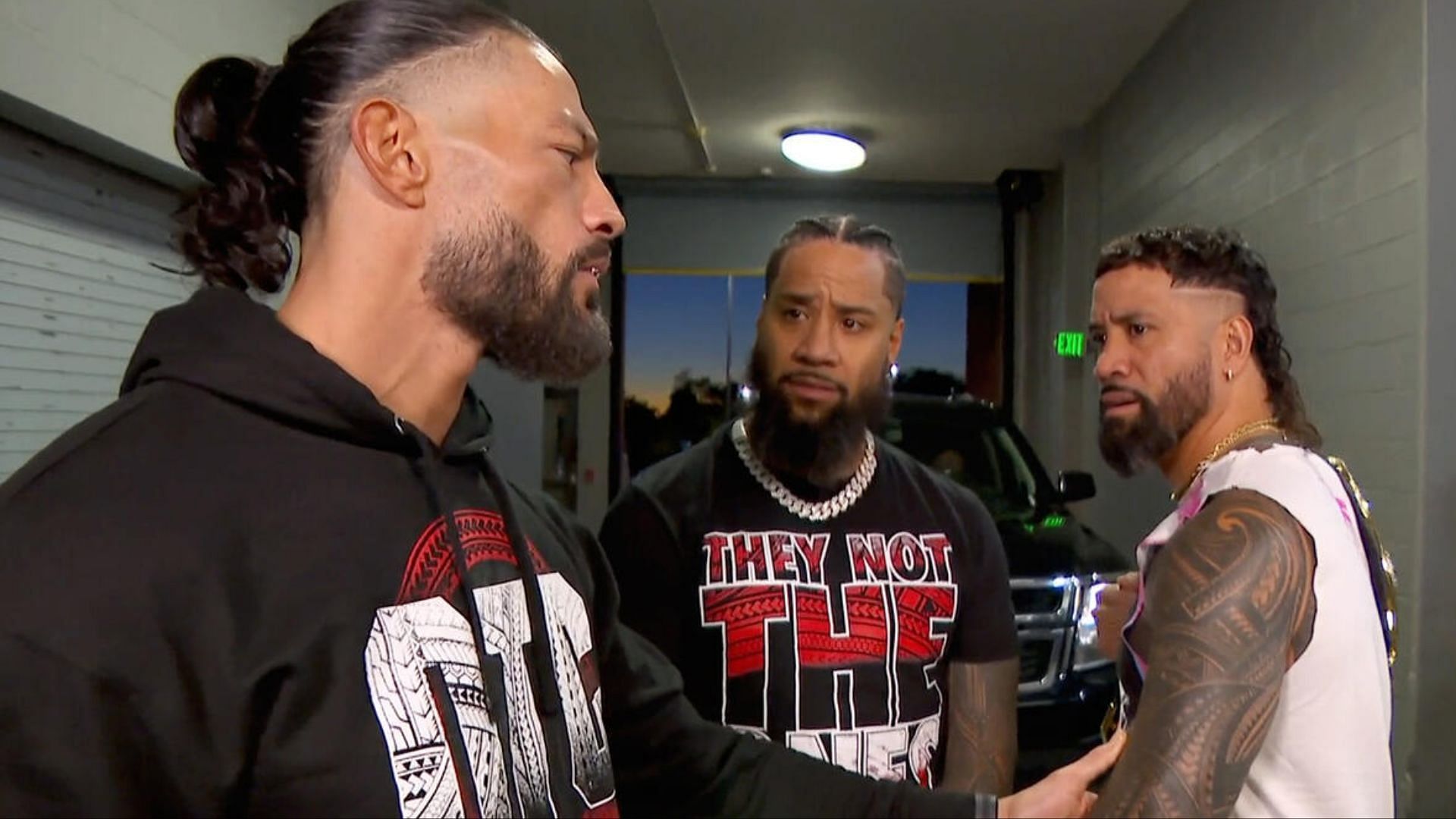 From left to right: Roman Reigns, Jimmy Uso and Jey Uso, SmackDown, Oct. 18, 2024 [Photo credit: WWE]