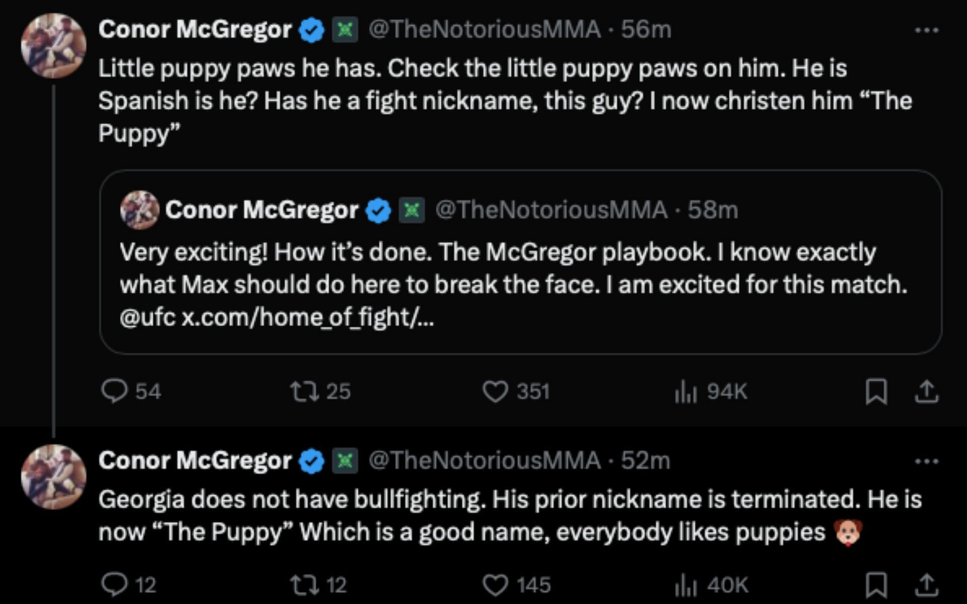 Screenshots of Conor McGregor's posts on X