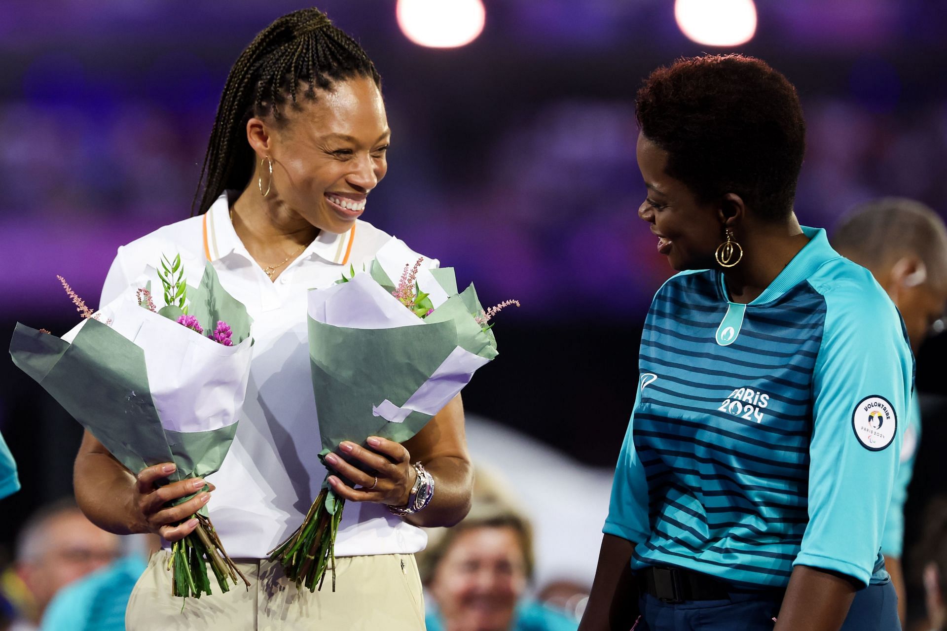 USA track and field star Allyson Felix, left is honored during the closing ceremony of the 2024 Paris Olympics at Stade de France in Paris, France. ( Photo via Getty Images)