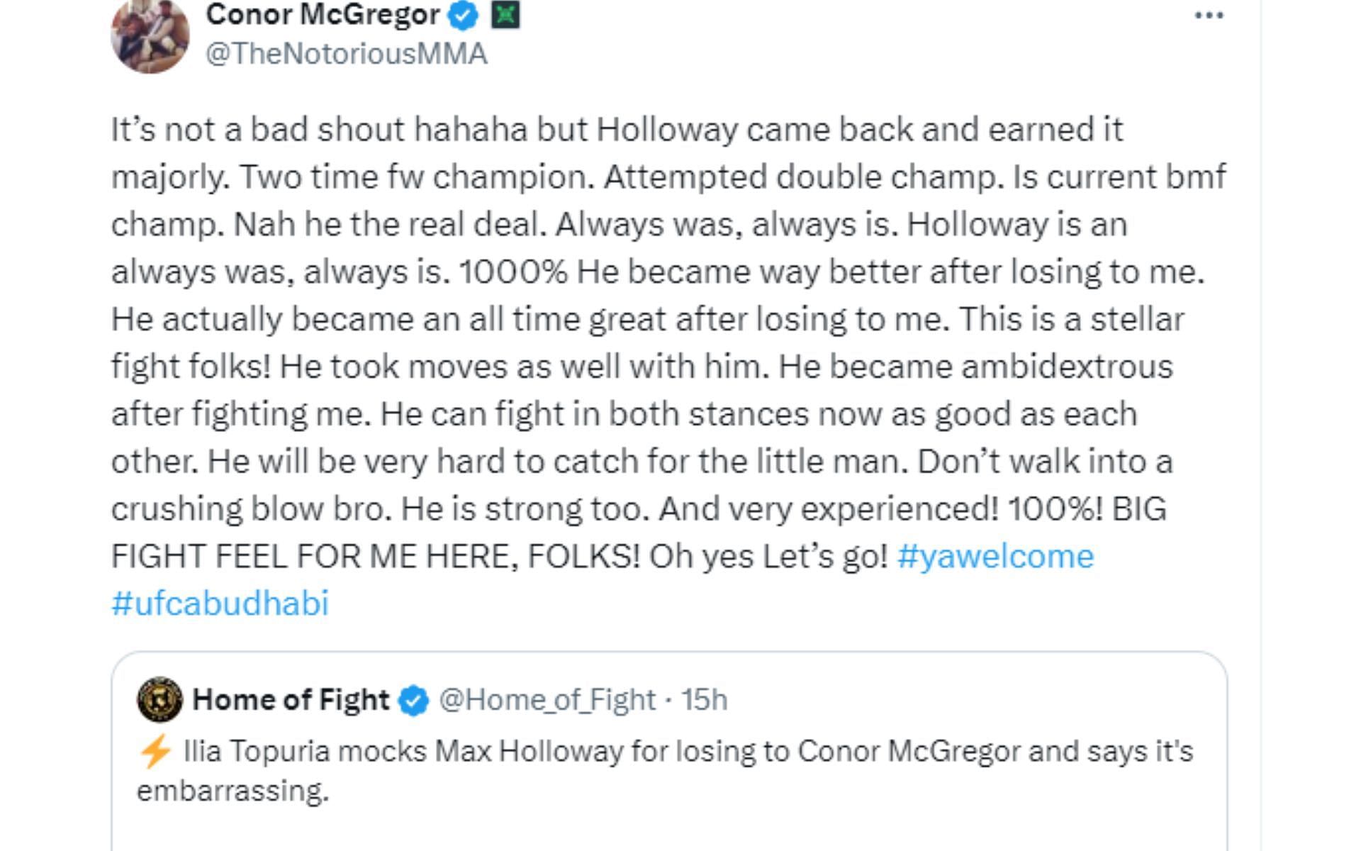 Screenshot of McGregor&#039;s post aimed at Topuria