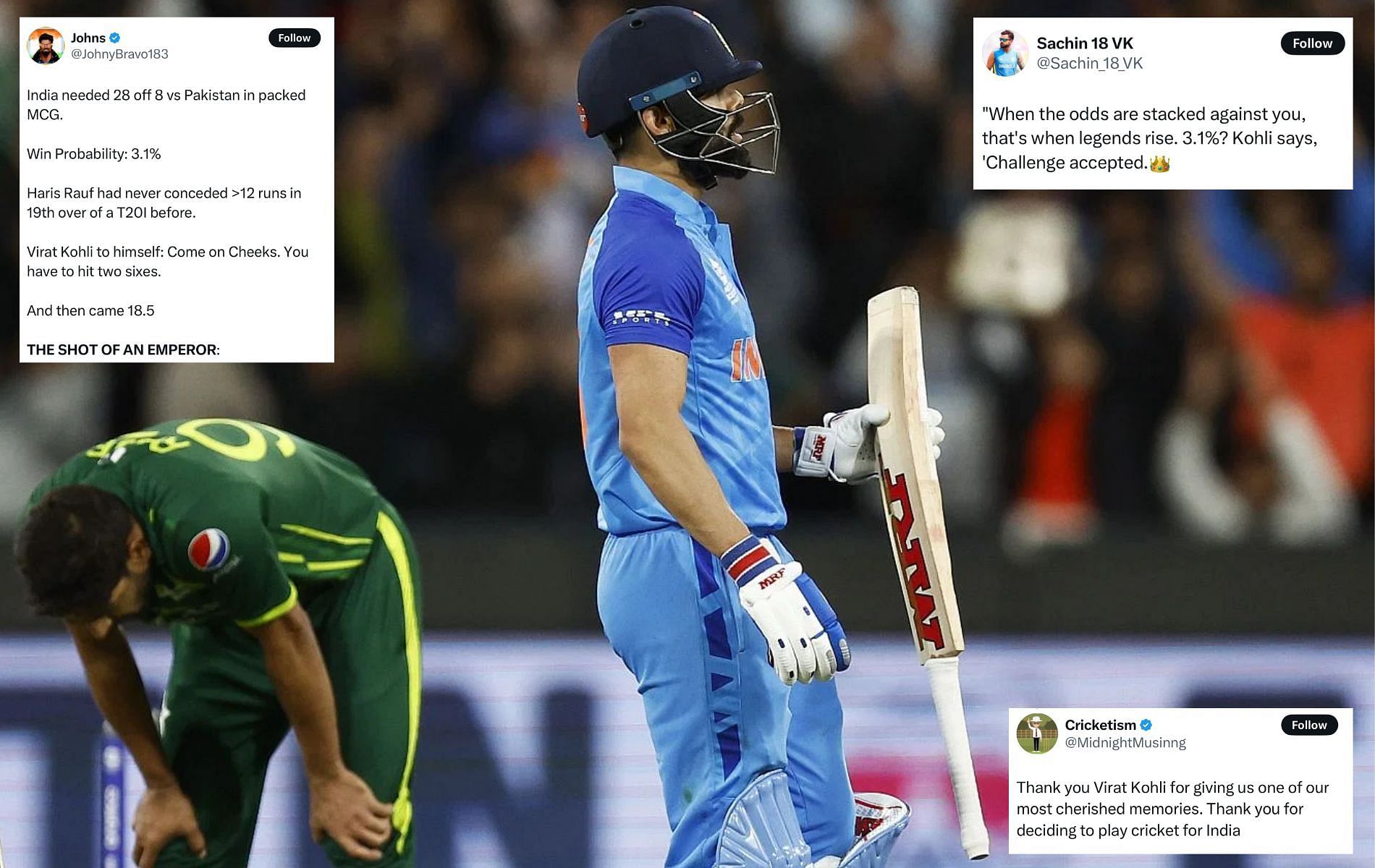 Virat Kohli helped India clinch a famous win over Pakistan at 2022 T20 World Cup. (Pics: Getty/X/@Sachin_18_VK/@JohnyBravo183/@MidnightMusinng)