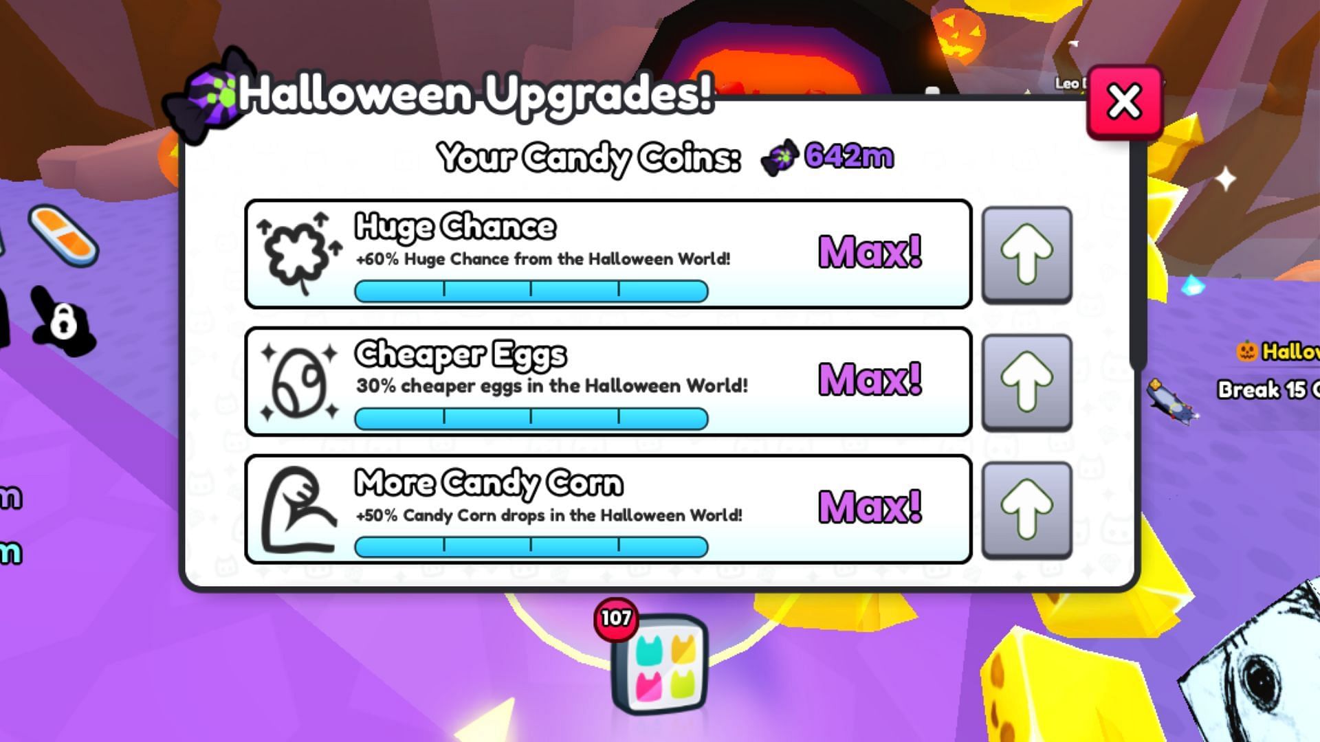 You can max all your Halloween Upgrades with a few million Candy Coins (Image via Roblox)