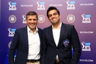 Rajasthan Royals owner Manoj Badale (L) and Delhi Capitals owner Parth Jindal (R)