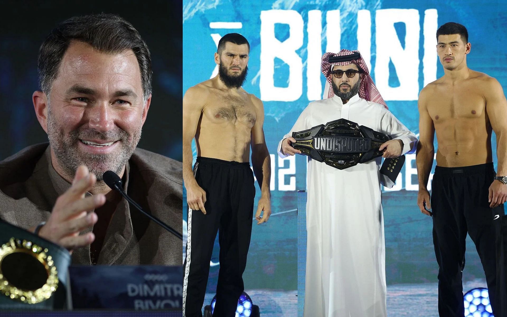 Eddie Hearn (left) confirms rematch between Artur Beterbiev (middle left) and Dmitry Bivol (far right) is close to being finalized [Images courtesy: Getty Images]