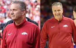 Arkansas' John Calipari poses with "one of his first great ones" from UMass, Lou Roe, after exhibition win against Kansas