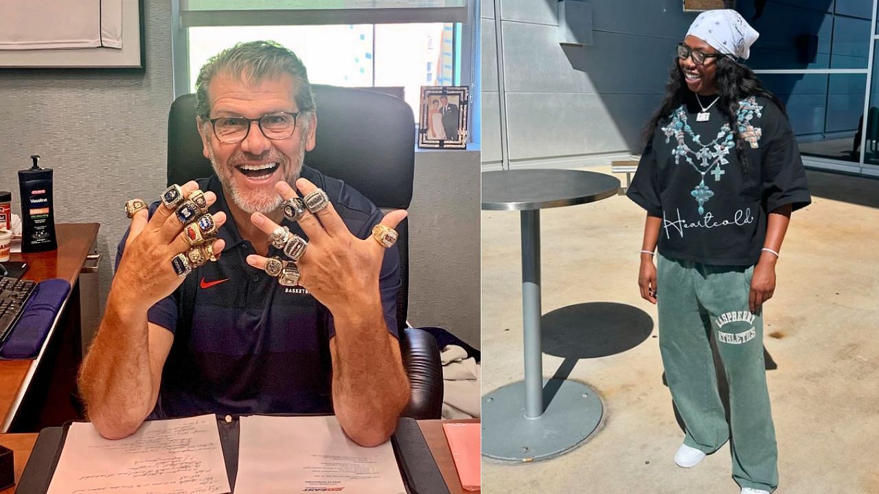 Dallas Wings star Arike Ogunbowale laughs off her 2014 feud with legendary UConn coach Geno Auriemma. [photo: @arike_ogunbowale/IG, @genoauriemma/IG]