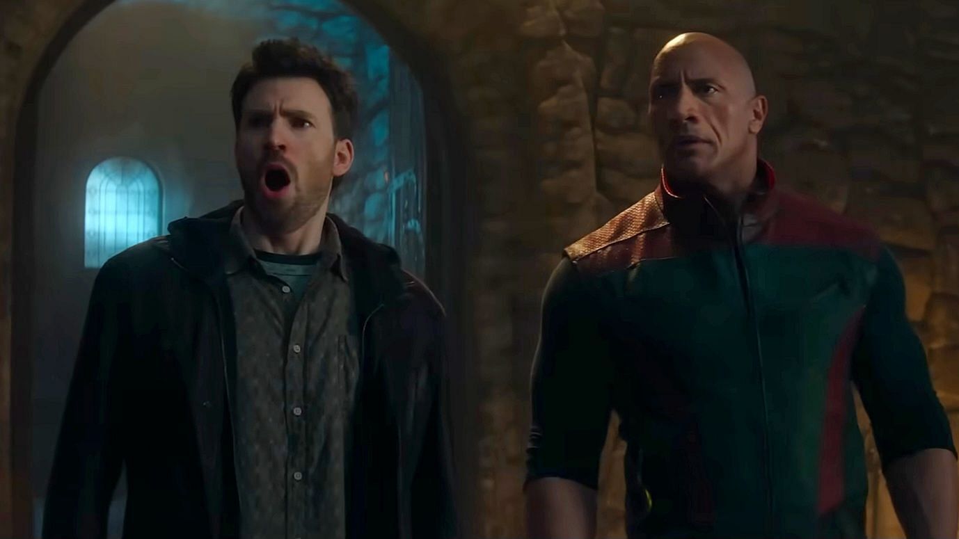 Chris Evans and Dwayne Johnson in a still from the trailer of the film (via Amazon MGM Studios)