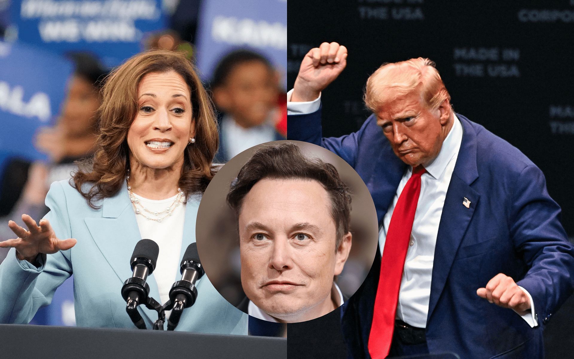 Elon Musk (middle) is a vocal critic of Kamala Harris (left) and an ardent supporter of Donald Trump (right) [Images courtesy: Getty Images] 