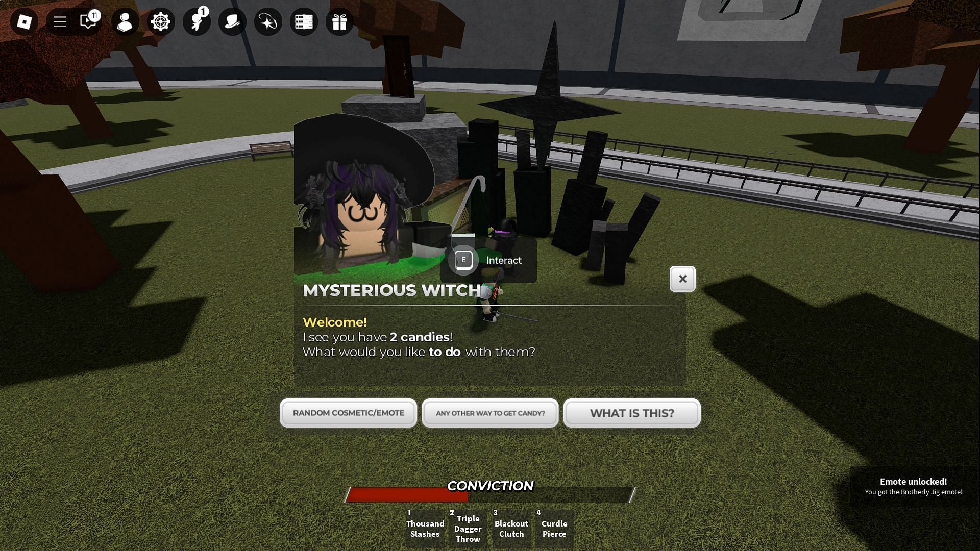 You can get a variety of items from the witch NPC (Image via Roblox)