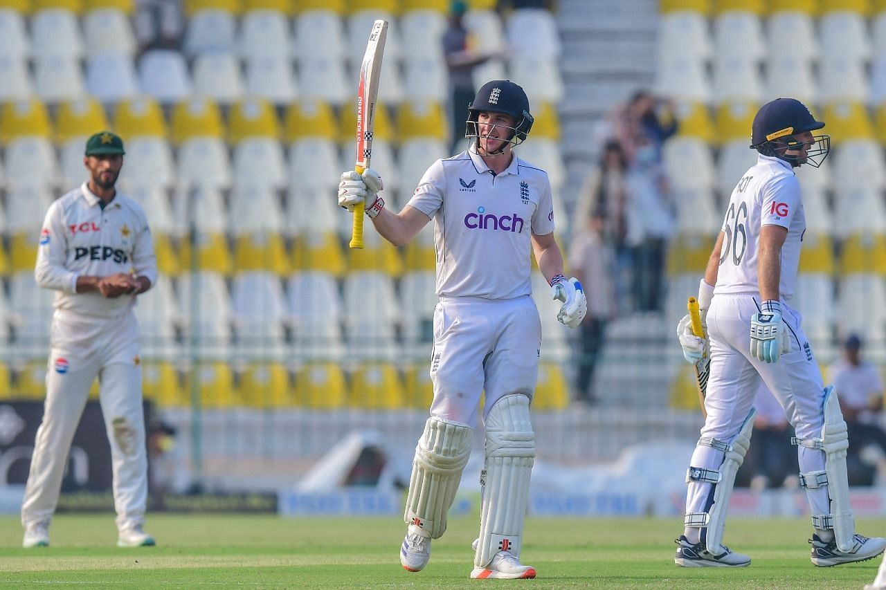 Harry Brook raises his bat. (Image Credits: PCB Twitter)