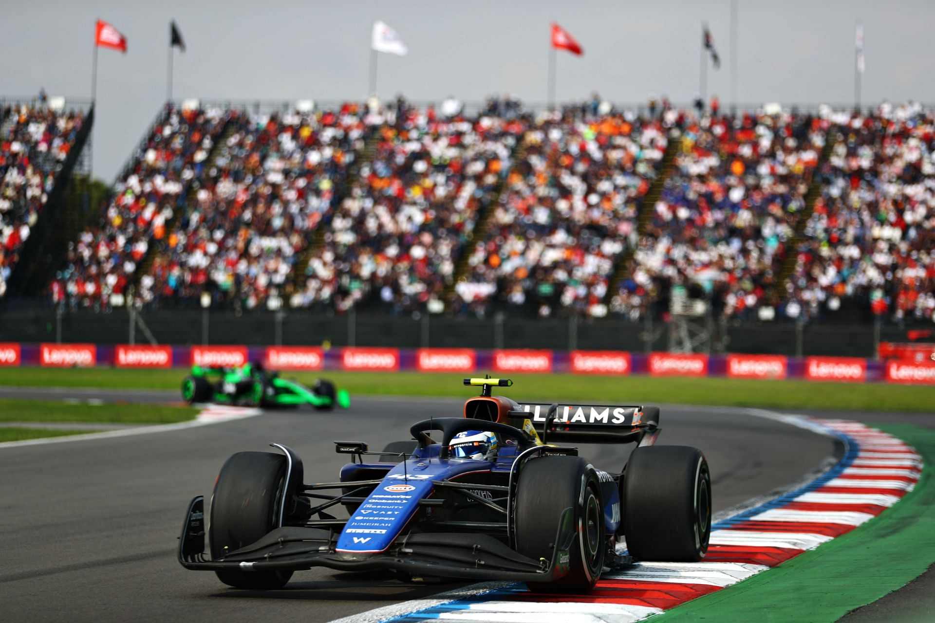 Franco Colapinto of Argentina driving the (45) Williams FW45 Mercedes on track during the F1 Grand Prix of Mexico (Source: Getty)