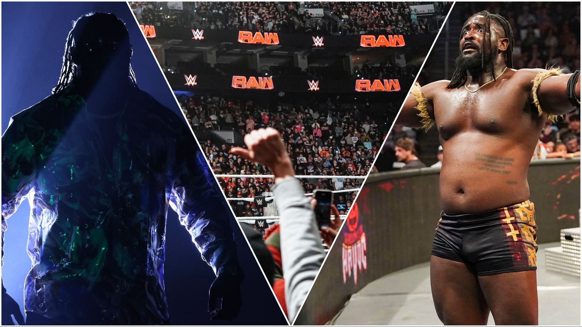 Oba Femi in action on WWE NXT, fans watch the action at RAW