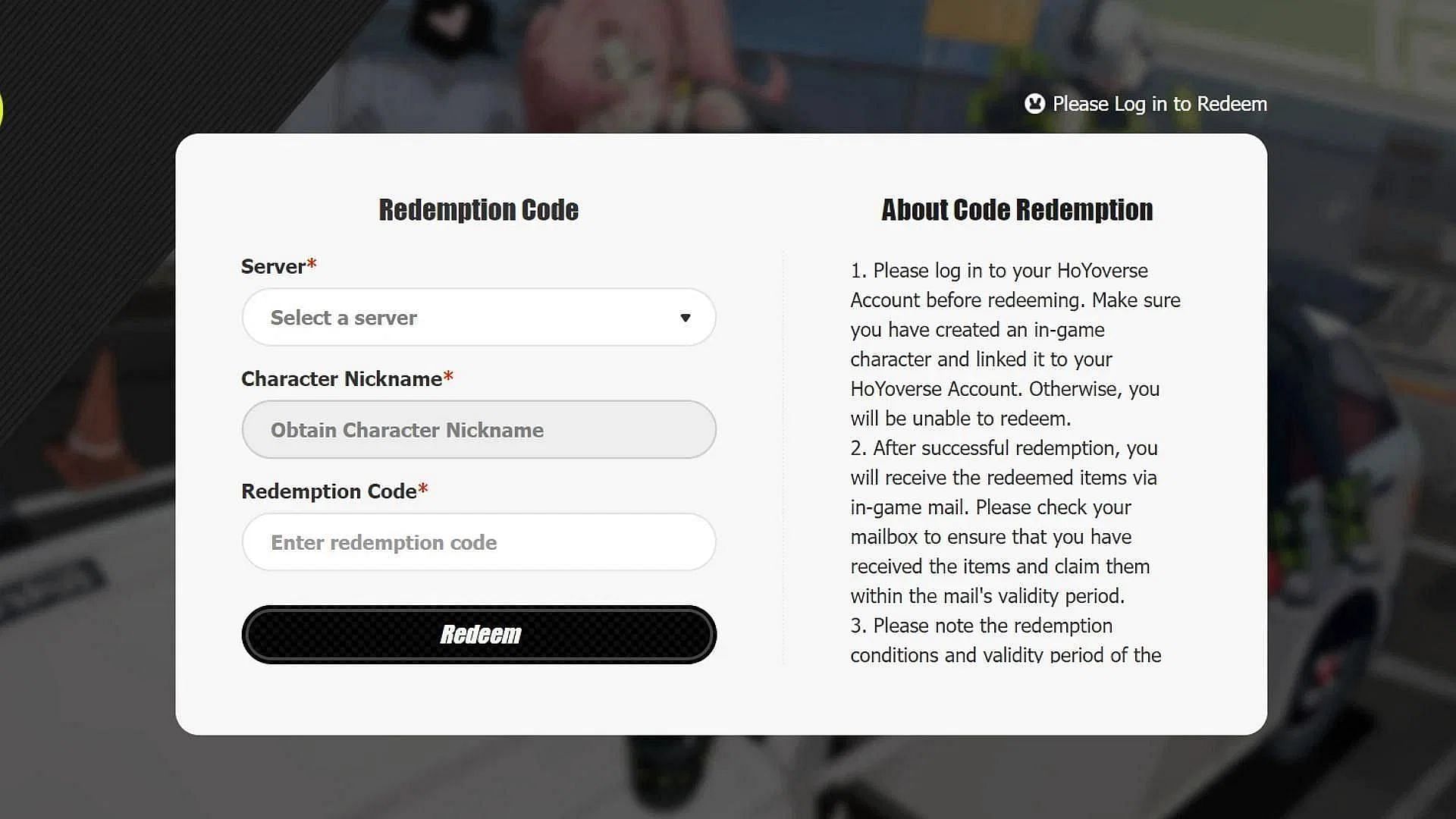 Redeeming via the official website (Image via HoYoverse)