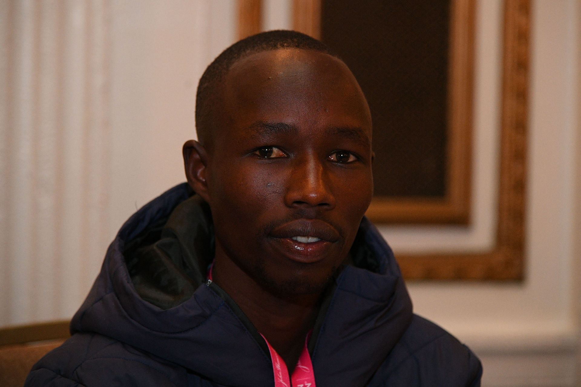 John Korir of Kenya speaks with the media during the Boston Marathon. (Photo via Getty Images)