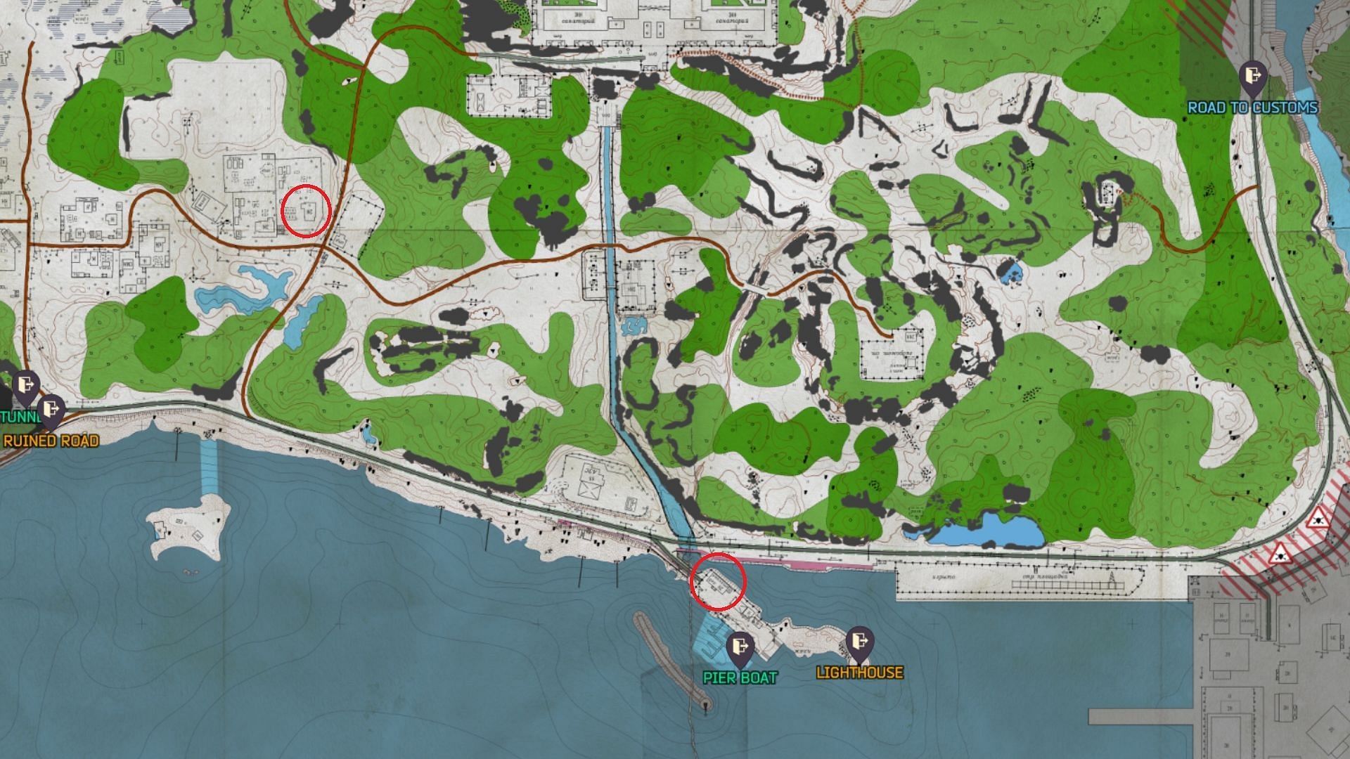 Sanitar&#039;s house and the office building location on Shoreline (Image via Battlestate Games || Map Genie)