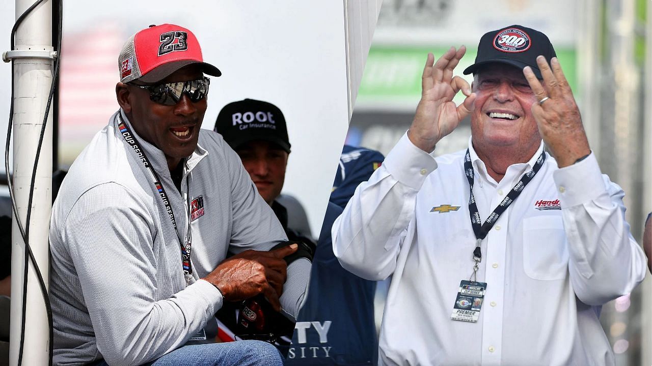 Michael Jordan (L) was seen chatting with Rick Hendrick (R) following the Bank of Americ ROVAL 400 at Charlotte Motor speedway on Sunday (Source: Getty)