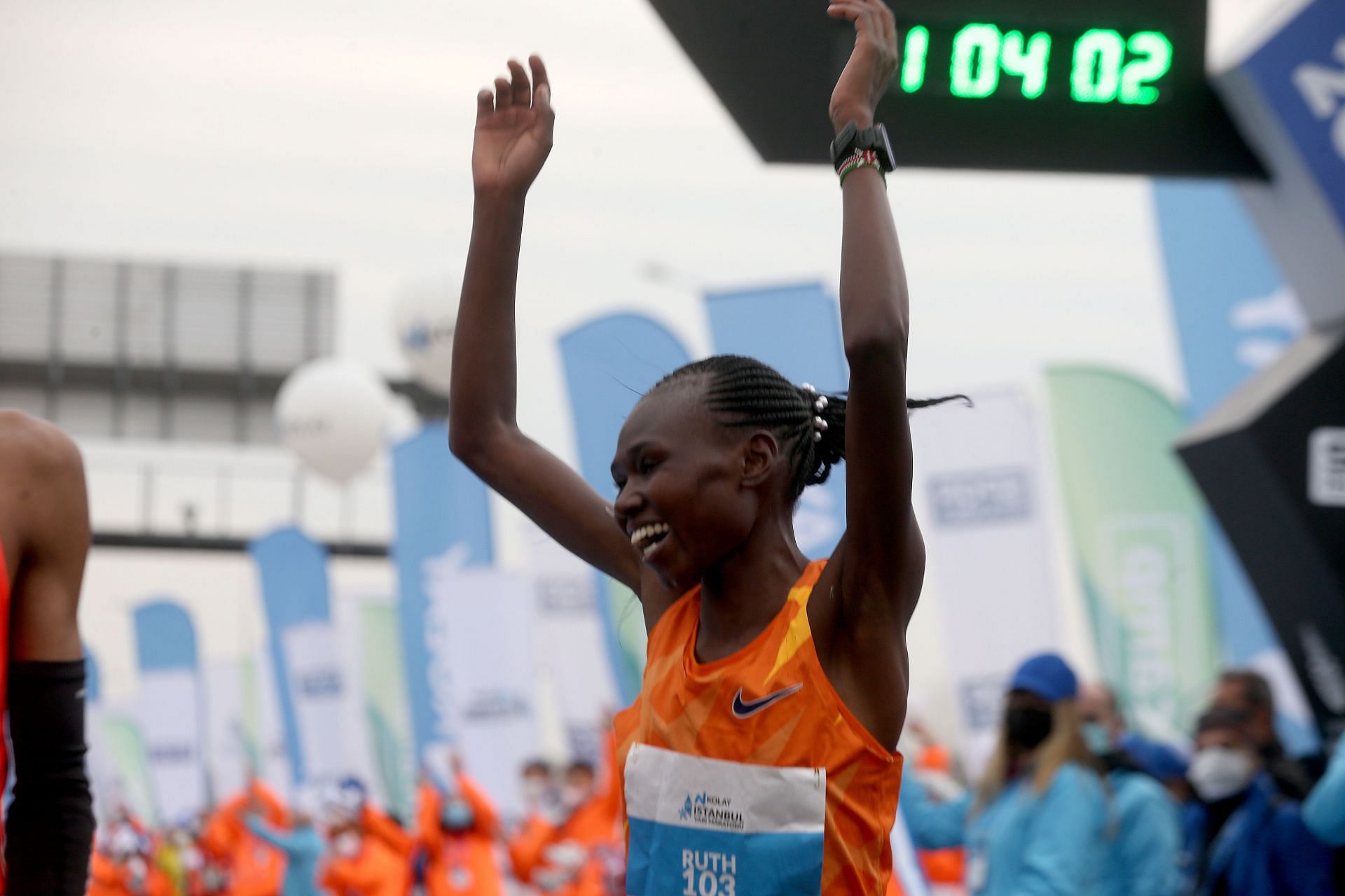 Ruth Chepngetich after breaking the Women&#039;s half-marathon world record at Istanbul (Image: Getty Images)