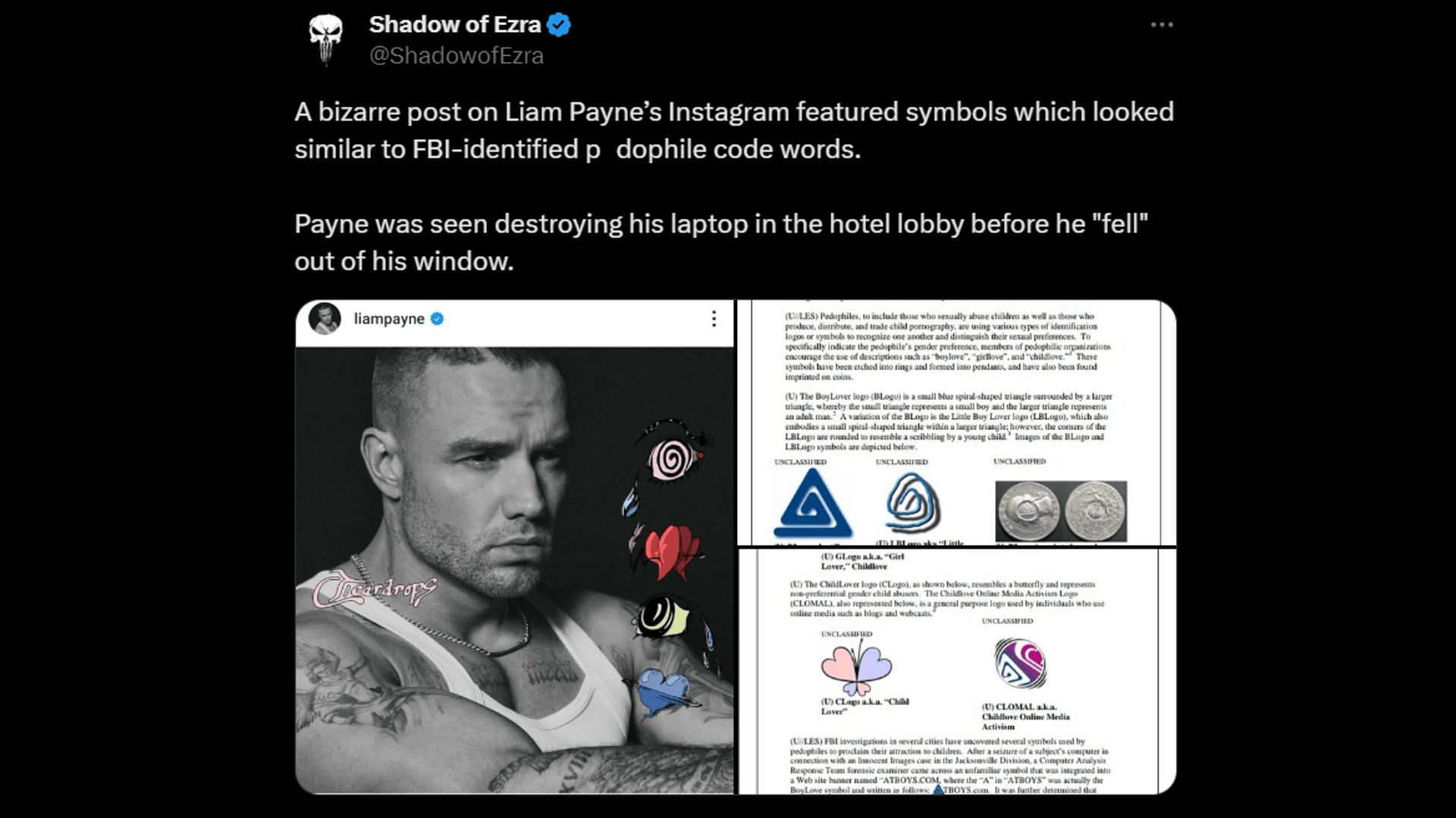 The viral post compares symbols on Liam Payne&#039;s IG post to FBI code words. (Image via X/ShadowOfEzra)