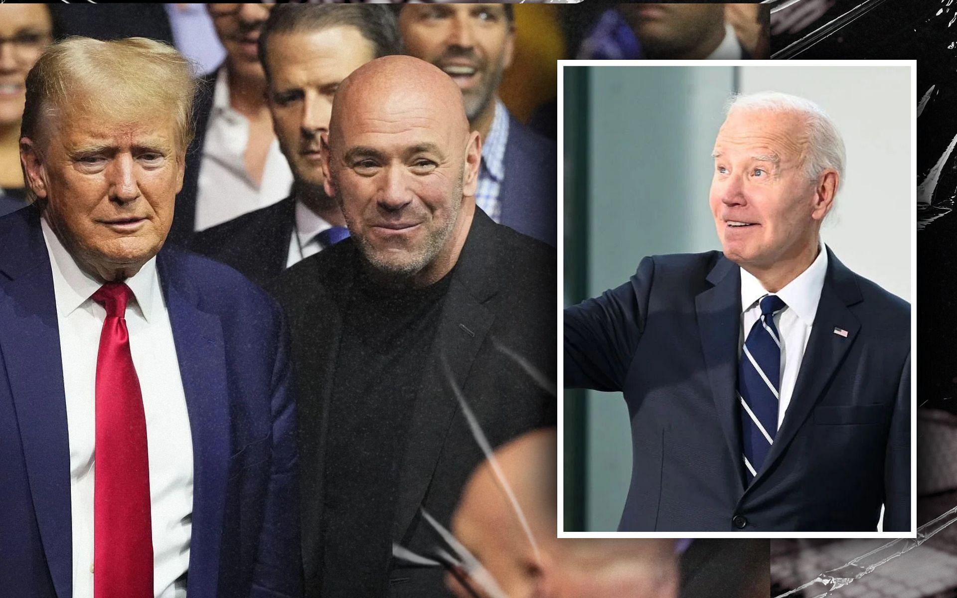 Donald Trump (left) calls Dana White (center) mid-flight to rant about Joe Biden (right). [Images courtesy: Getty Images]