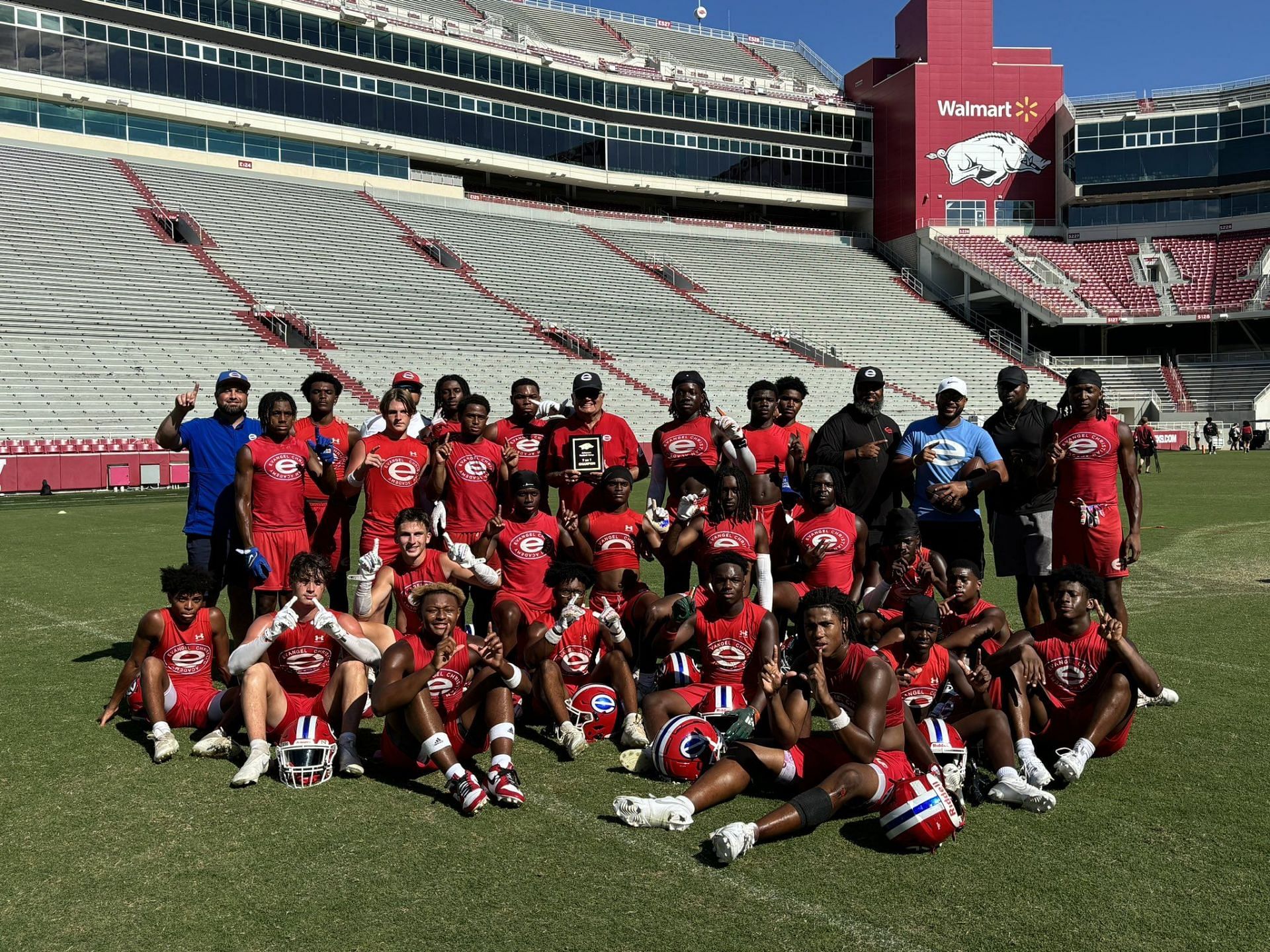 Evangel Christian Academy football after a 7v7 tournament. Image via @EvangelEagles on X 