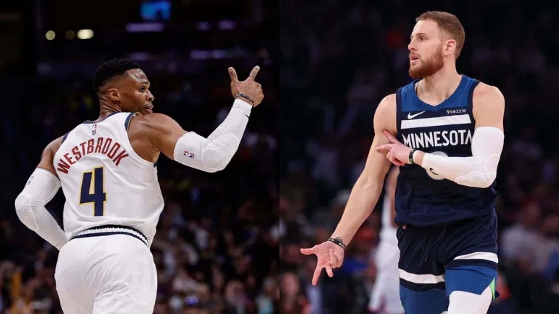 Denver Nuggets guard Russell Westbrook and Minnesota Timberwolves guard Donte DiVincenzo. Photo Credit: Imagn