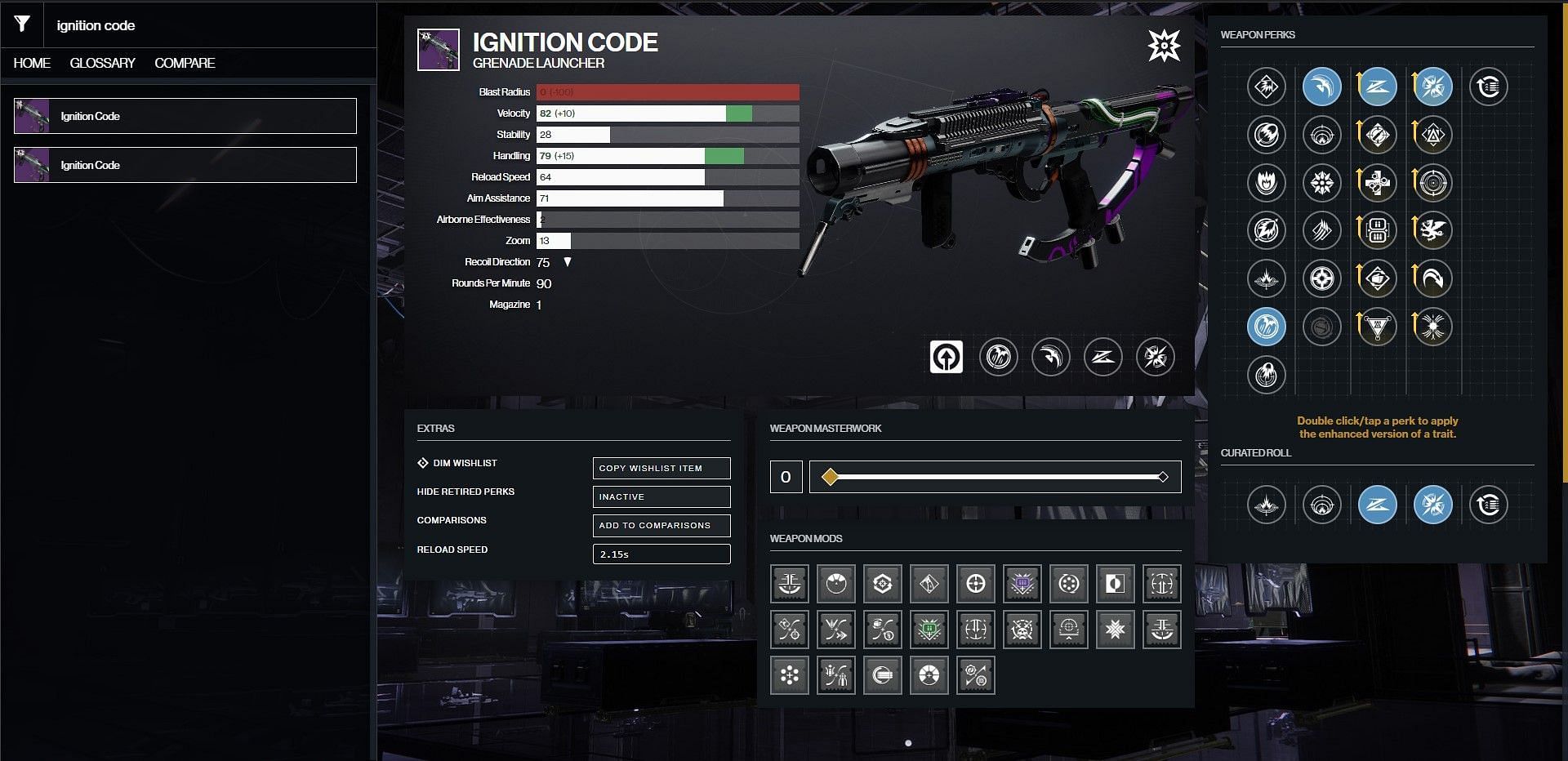 Ignition Code PvE god roll (Image via D2Gunsmith/Bungie)