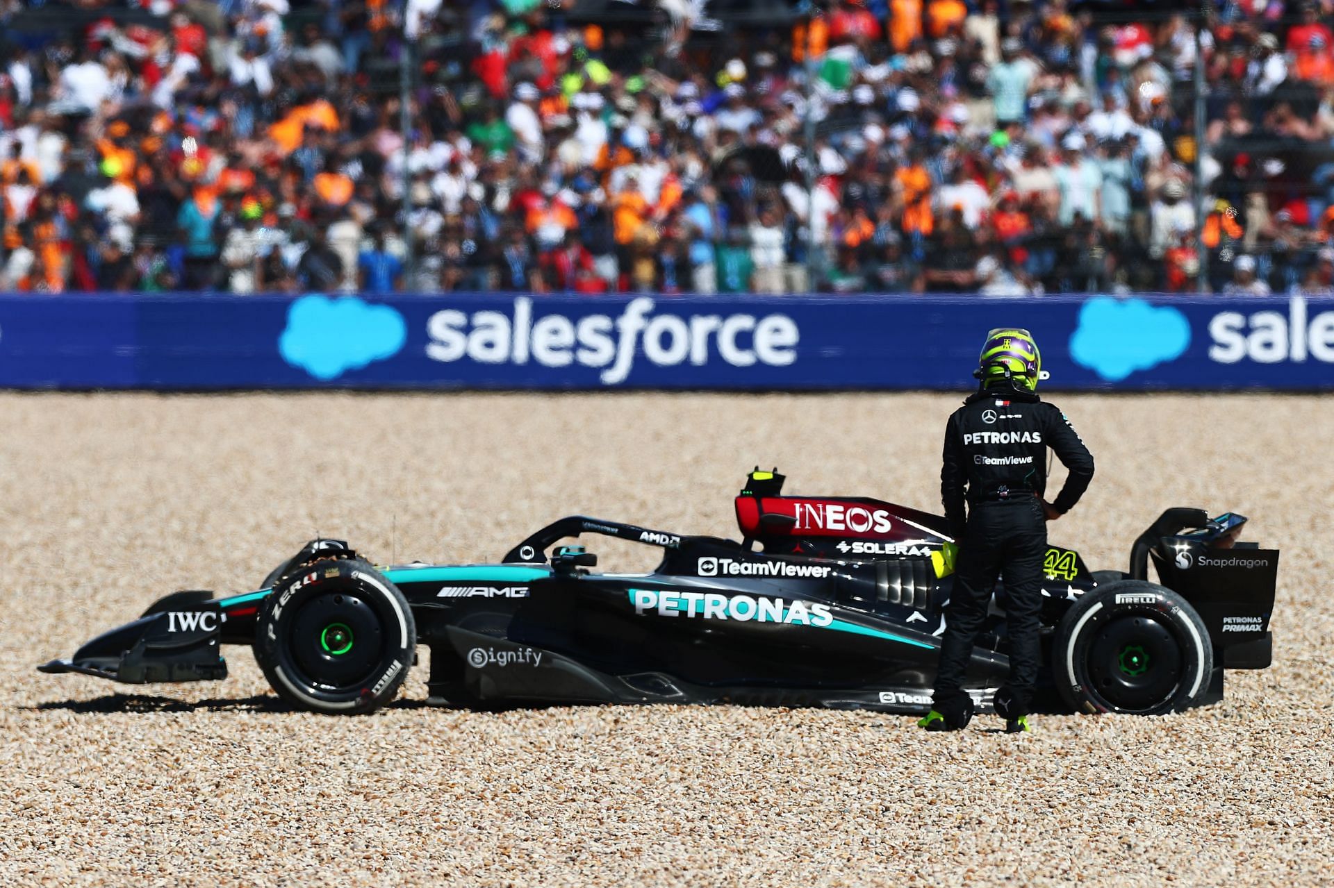 Lewis Hamilton of Great Britain and Mercedes looks on after crashing during the F1 Grand Prix of United States. Source: Getty