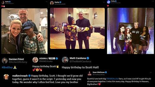 Screenshots of stars' tributes to Scott Hall [Image credits: stars' X/Twitter and Kevin Nash's Instagram]