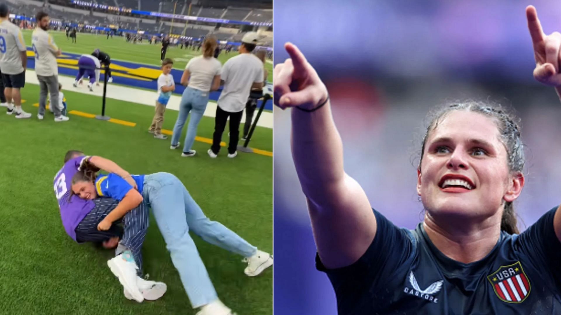 Ilona Maher tackles dance partner Alan Bersten at NFL game [Image Source : Ilona Maher