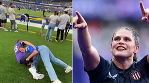 WATCH: Ilona Maher hilariously tackles dance partner Alan Bersten to the ground as they attend NFL game between Los Angeles Rams and Minnesota Vikings