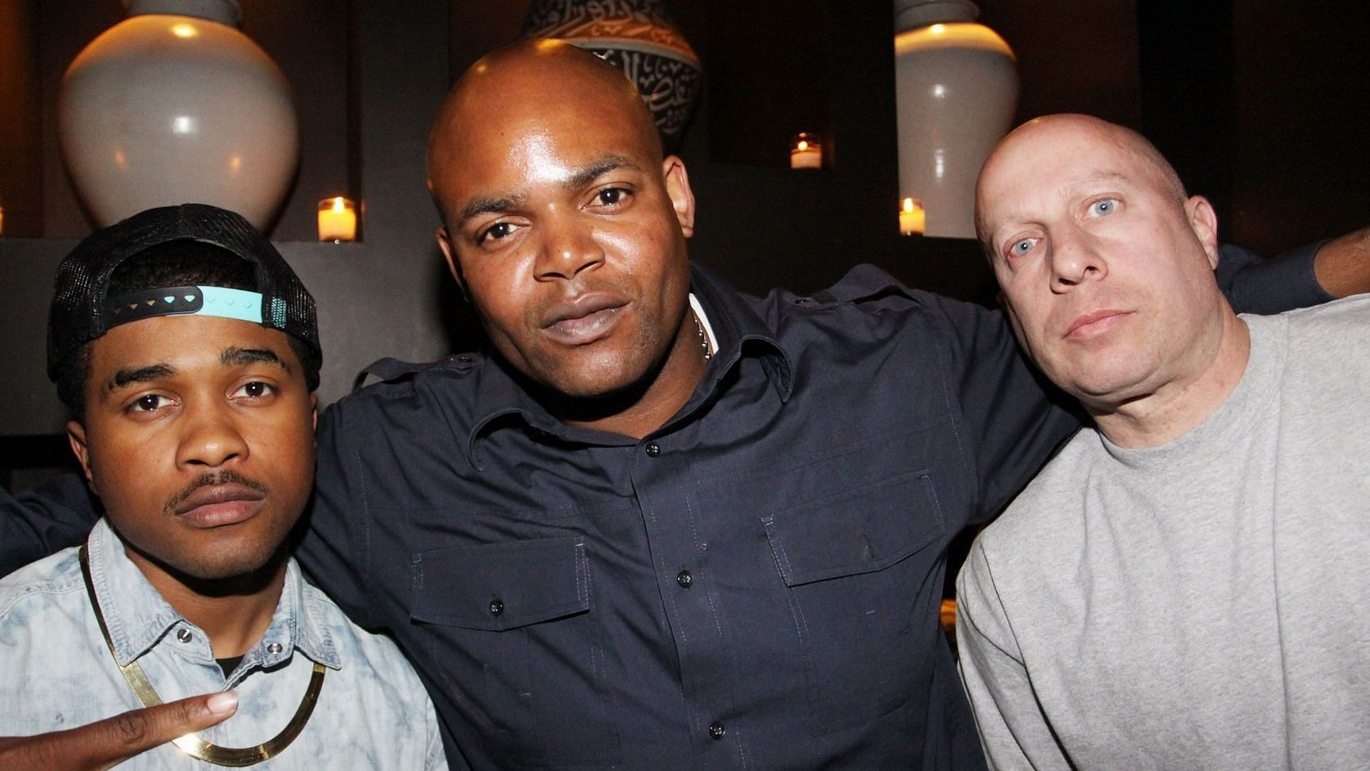 Rapper Mann, Bad Boy Records President Harve Pierre, and artist manager Steve Lobel on May 20, 2010, in New York City (Image via Getty)