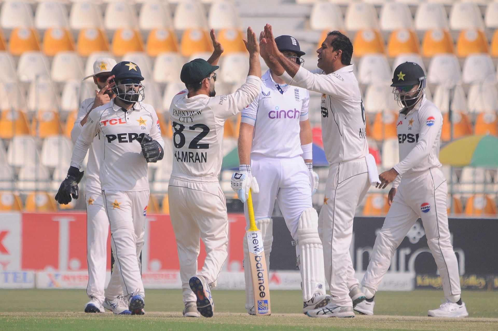 Noman Ali traps Harry Brook in front (Image via X-@TheRealPCB)