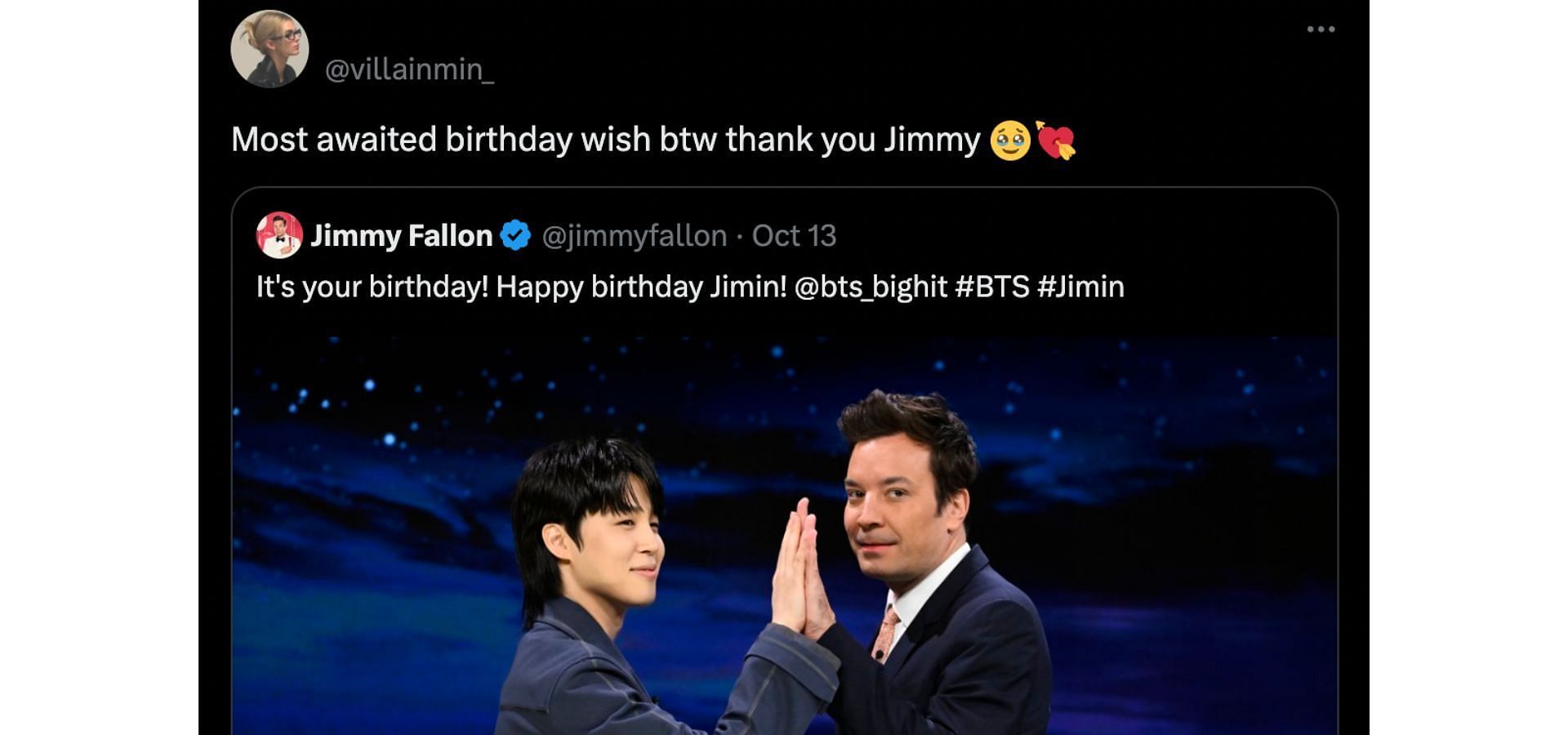 Jimmy Fallon wished the BTS idol on his birthday. (Image via X/@villainmin_)