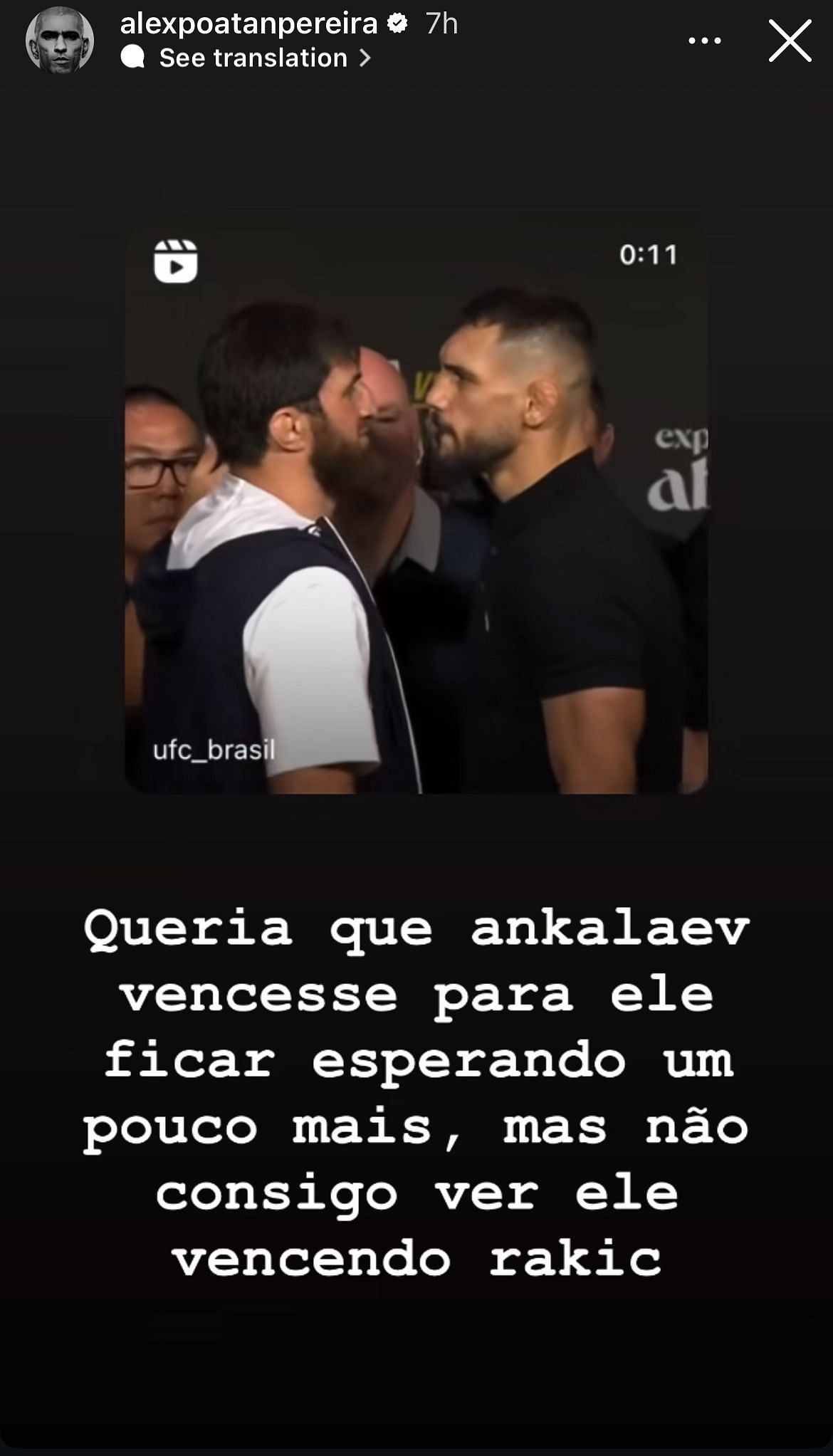 A screenshot of Alex Pereira&#039;s Instagram story