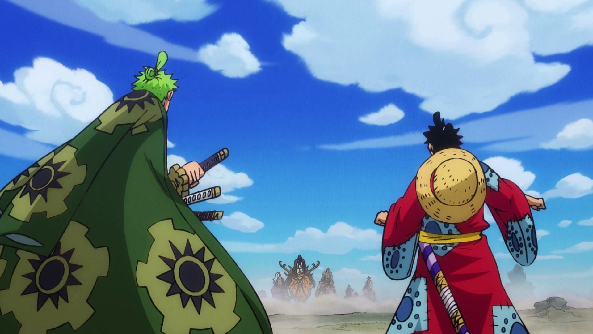 The sun on Luffy and Zoro&#039;s early Wano outfits (Image via Toei Animation)