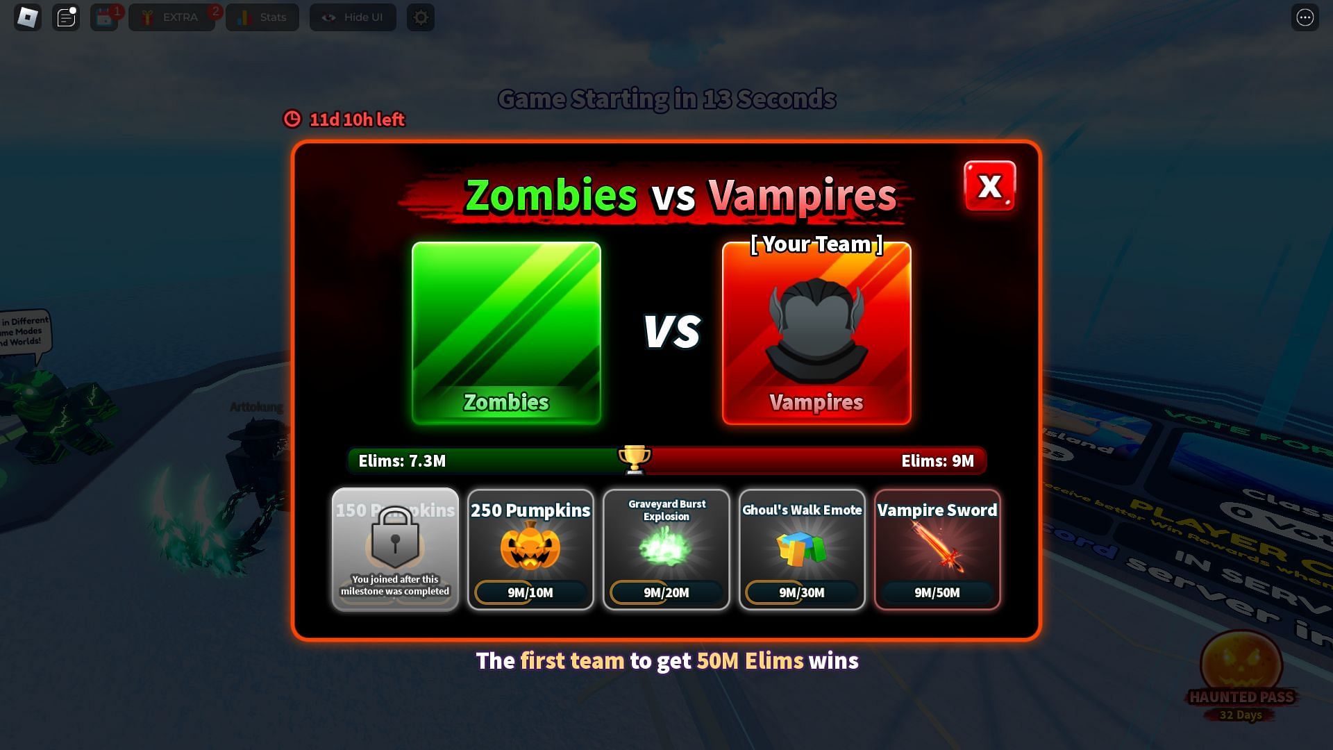 Milestone rewards for Zombies Vs Vampires (Image via Roblox)