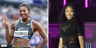 Gabby Thomas reacts to meeting Nicki Minaj at Vogue's Forces of Fashion after the rapper said she 'loved' her