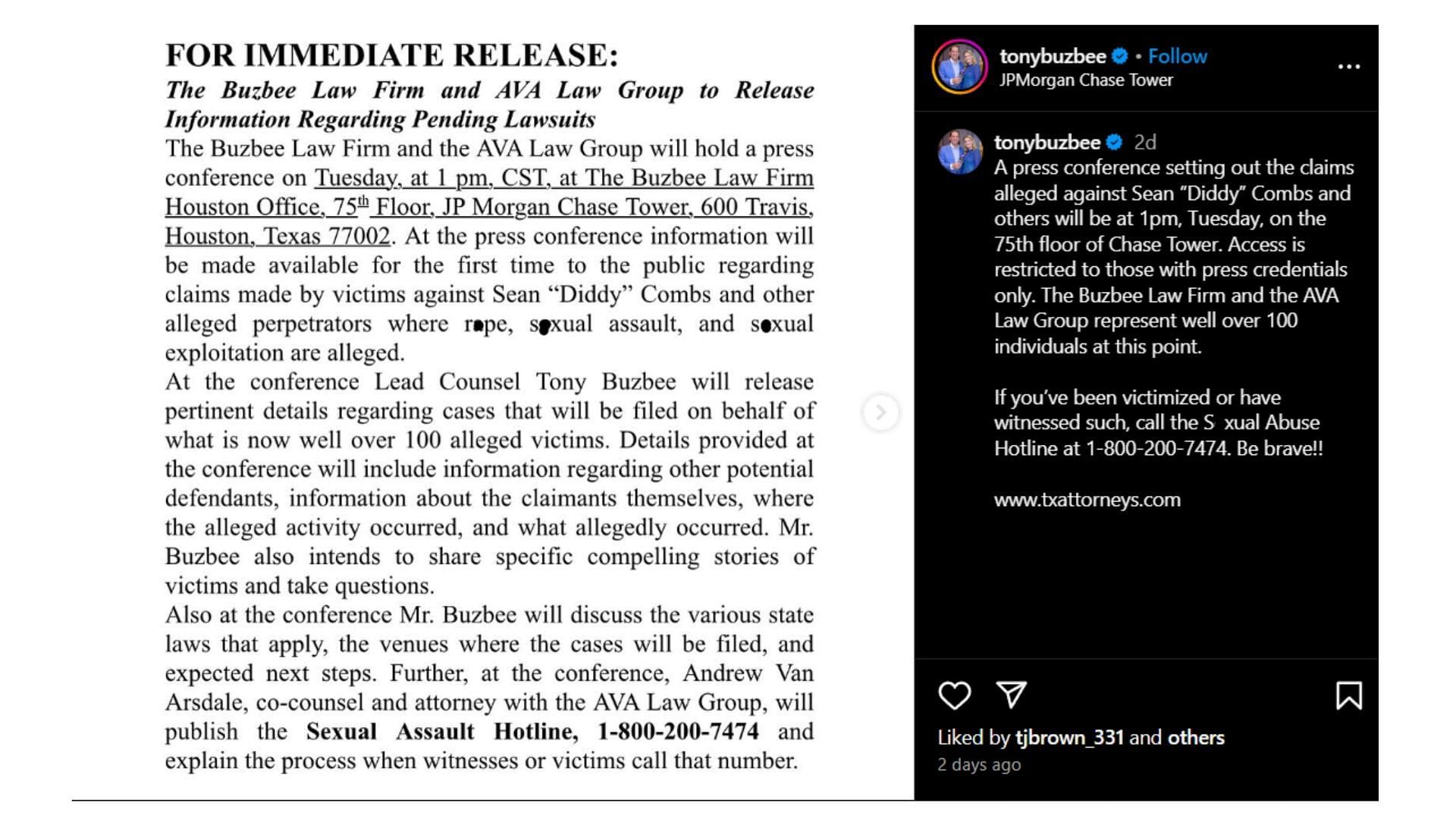 Tony Buzbee shared a release ahead of the press conference about his involvement in multiple Diddy lawsuits (Image via Instagram/ @tonybuzbee)