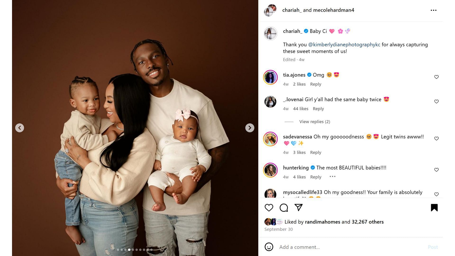 Chiefs star Mecole Hardman Jr and Chariah Gordon pose with their two babies for a new family portrait [Image credit: @chariah_ IG]