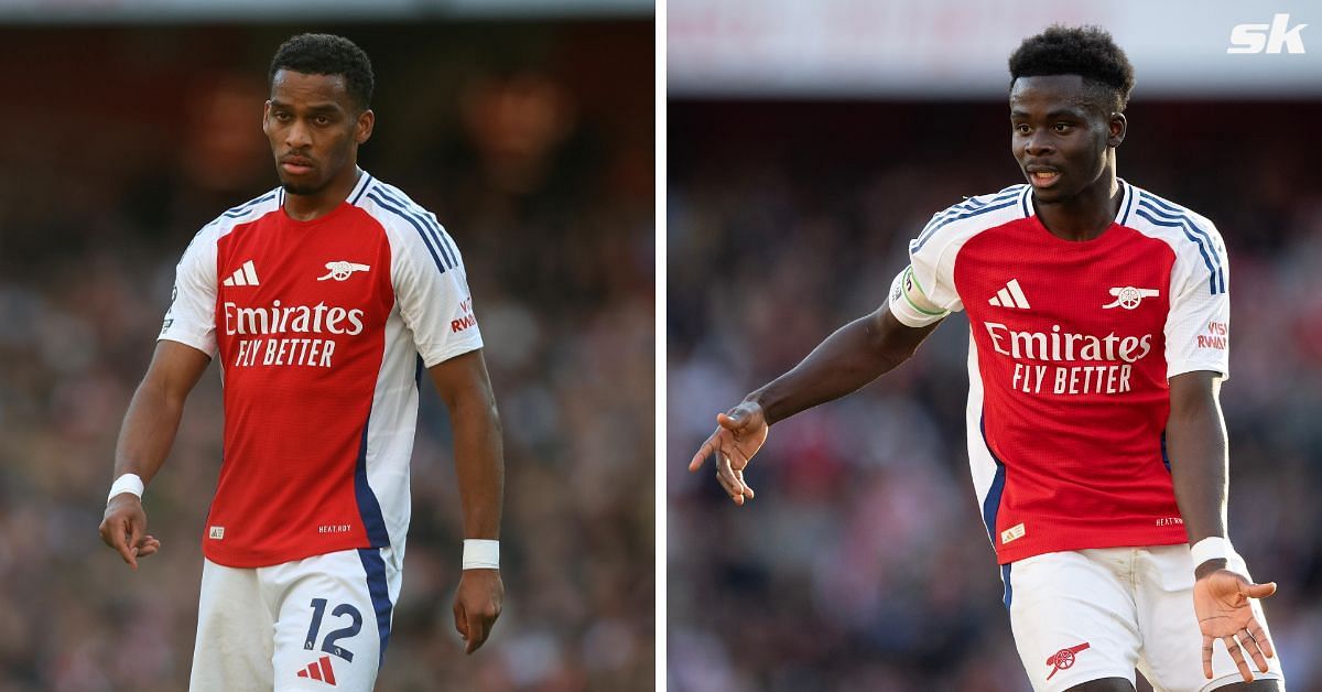 Arsenal stars Jurrien Timber (left) and Bukayo Saka (right)
