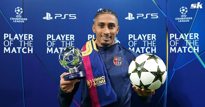 Raphinha reacts after scoring hat-trick for Barcelona in their 4-1 win over Bayern Munich