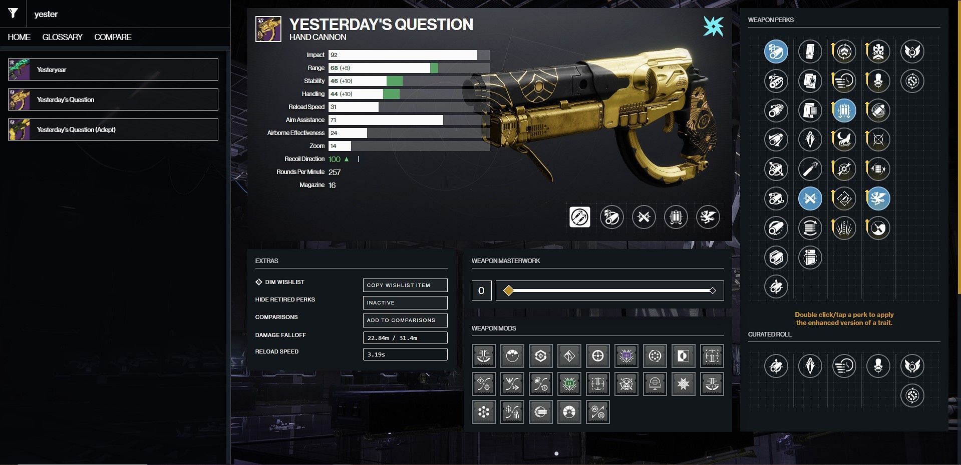 Yesterday&#039;s Question PvE god roll (Image via Bungie)